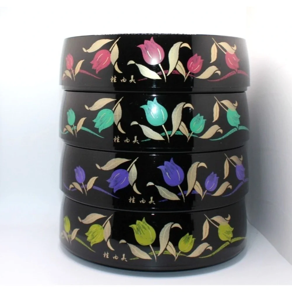 Set of 5 blk large Japanese bowls w/floral designs & red interior new